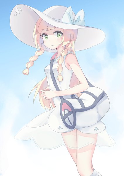 Anime picture 1400x1979 with pokemon pokemon sm nintendo lillie (pokemon) haishiki single long hair tall image looking at viewer blush fringe blonde hair standing green eyes sky cloud (clouds) blunt bangs braid (braids) blurry off shoulder