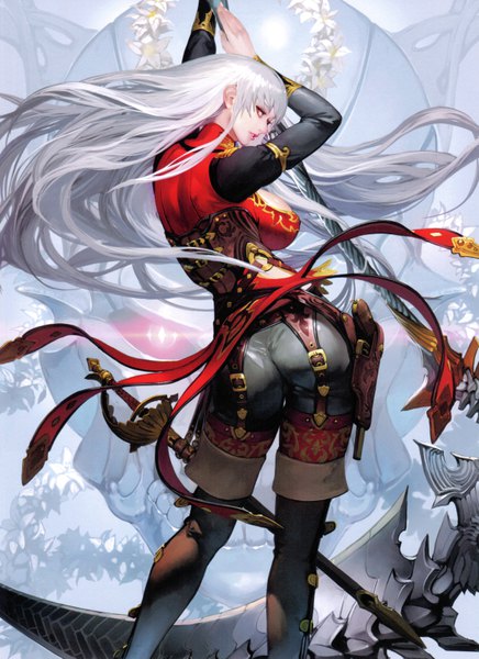 Anime picture 4532x6227 with valkyria chronicles aoki kakumei no valkyria valkyria revolution valkyria: azure revolution brunhild (valkyria) takayama toshiaki single long hair tall image looking at viewer fringe highres breasts red eyes large breasts standing holding absurdres cleavage silver hair