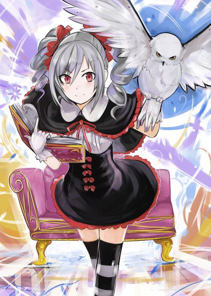 Anime picture 1000x1398 with idolmaster idolmaster cinderella girls kanzaki ranko nerotarou@seven single tall image looking at viewer blush short hair smile red eyes twintails holding silver hair drill hair girl thighhighs dress gloves animal