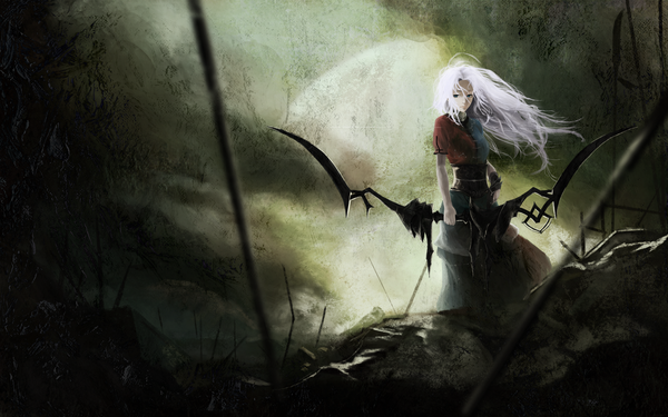 Anime picture 1990x1246 with touhou yagokoro eirin akaikitsune single long hair fringe highres blue eyes wide image standing looking away silver hair weightlessness gloom girl weapon bow (weapon) arrow (arrows)