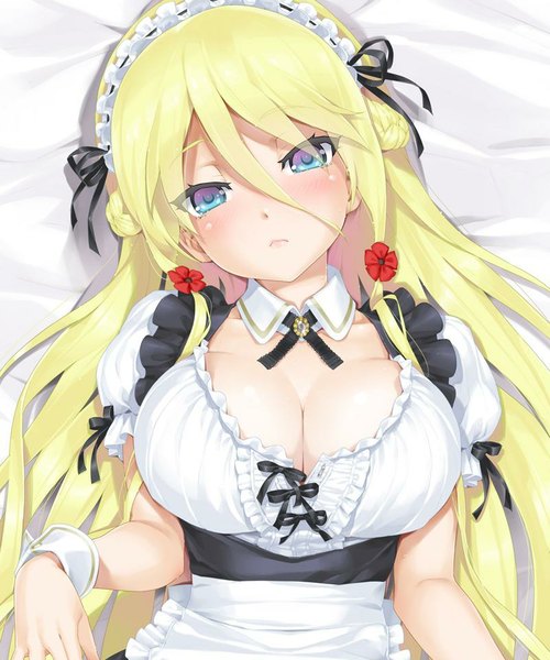 Anime picture 800x960 with bishoujo mangekyou (game) omega star alice (bishoujo mangekyou) happoubi jin single long hair tall image looking at viewer blush fringe breasts blue eyes light erotic blonde hair hair between eyes large breasts cleavage pink eyes from above maid