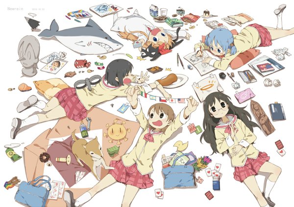 Anime picture 1000x706 with nichijou kyoto animation sakamoto (nichijou) naganohara mio aioi yuuko shinonome nano minakami mai crow (nichijou) newrein (artist) long hair short hair blue eyes black hair simple background blonde hair white background twintails multiple girls brown eyes blue hair