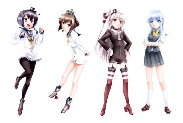 Anime picture 1600x1079 with kantai collection amatsukaze destroyer yukikaze destroyer tokitsukaze destroyer hatsukaze destroyer makxma long hair looking at viewer blush fringe short hair open mouth blue eyes simple background smile brown hair white background purple eyes multiple girls yellow eyes