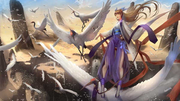 Anime picture 1920x1080 with original liu (pixiv) single long hair looking at viewer highres open mouth smile brown hair wide image green eyes sky cloud (clouds) traditional clothes japanese clothes teeth flying weightlessness girl hair ornament