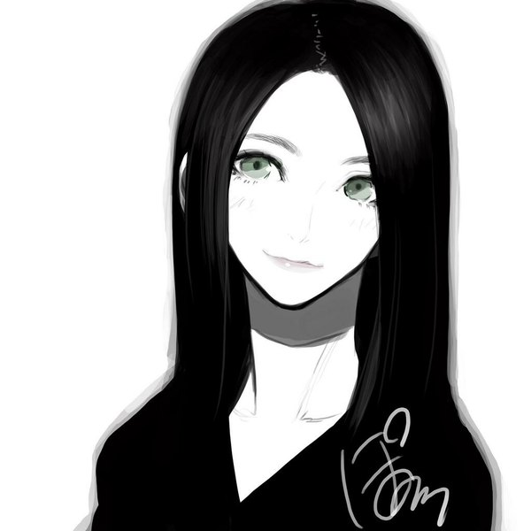 Anime picture 1024x1024 with original poaro single long hair looking at viewer black hair simple background white background green eyes light smile lips monochrome close-up girl