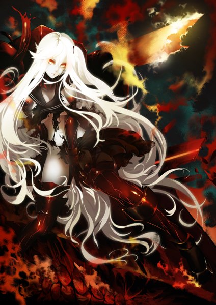 Anime picture 1131x1600 with kantai collection aircraft carrier hime akaikitsune single tall image looking at viewer breasts light erotic large breasts white hair very long hair orange hair no bra no panties one side up torn clothes white skin shinkaisei-kan girl skirt