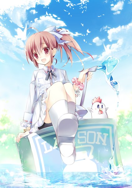 Anime picture 1300x1839 with original takui (artist) single long hair tall image open mouth red eyes brown hair cloud (clouds) girl water splashes chicken