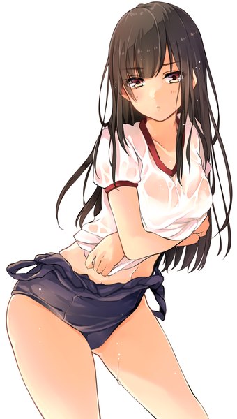 Anime picture 1000x1762 with original akit (15jamjam) single long hair tall image looking at viewer blush fringe breasts light erotic simple background brown hair white background brown eyes wet leaning leaning forward undressing girl navel