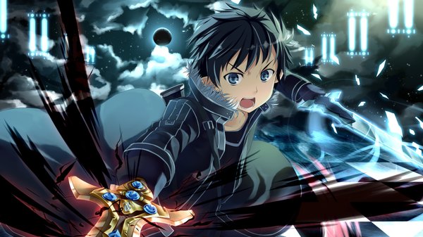 Anime picture 1920x1080 with sword art online a-1 pictures kirigaya kazuto highres short hair open mouth blue eyes black hair wide image cloud (clouds) magic boy weapon sword jacket moon coat