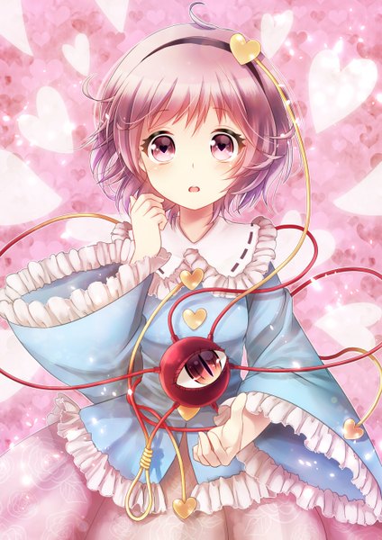 Anime picture 992x1403 with touhou komeiji satori nunucco single tall image looking at viewer blush short hair open mouth pink hair ahoge pink eyes symbol-shaped pupils pink background girl frills heart eyeball