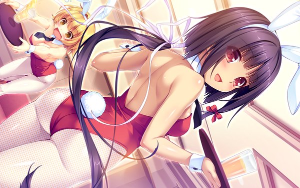 Anime picture 1280x800 with boku to koi suru ponkotsu akuma. arisegawa arle sayori long hair blush short hair open mouth light erotic black hair blonde hair red eyes multiple girls brown eyes animal ears game cg looking back bunny ears girl 2 girls bunnysuit