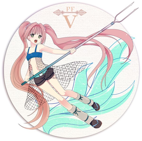 Anime picture 1500x1492 with original pixiv fantasia pixiv fantasia v yuuki rika single long hair blush open mouth twintails green eyes pink hair very long hair flat chest fishnet girl weapon shorts short shorts tank top tabi