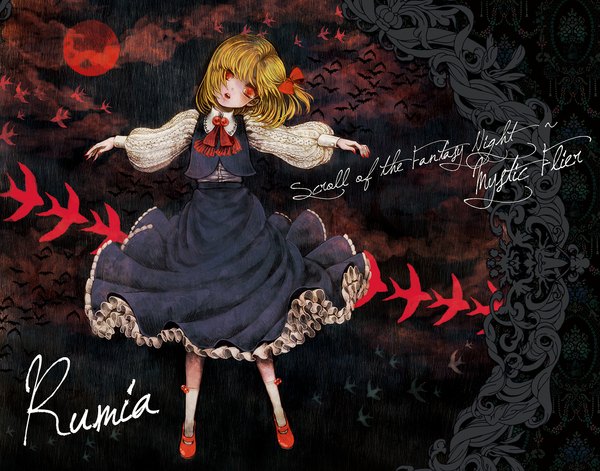 Anime picture 1100x865 with touhou rumia takatora single looking at viewer fringe short hair blonde hair red eyes ponytail inscription night character names text side ponytail spread arms flying red moon girl skirt