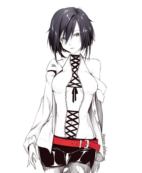 Anime picture 1600x1948 with original hyanna-natsu single tall image looking at viewer fringe short hair light erotic black hair simple background hair between eyes white background signed long sleeves hair over one eye open shirt thigh gap monochrome ass visible through thighs lacing