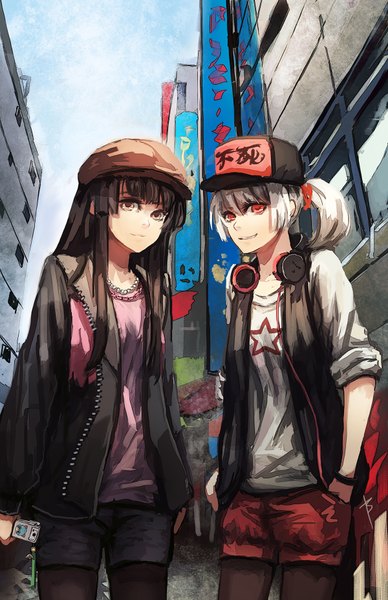 Anime picture 1200x1854 with touhou fujiwara no mokou houraisan kaguya bryanth long hair tall image looking at viewer fringe red eyes brown hair multiple girls brown eyes signed white hair light smile cityscape pale skin hand in pocket hands in pockets twisty sleeves