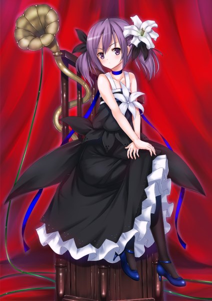 Anime picture 849x1200 with original koi (koisan) single tall image looking at viewer blush short hair sitting purple eyes twintails bare shoulders purple hair hair flower high heels crossed legs short twintails girl dress hair ornament flower (flowers)