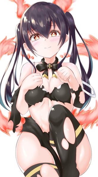 Anime picture 2215x4013 with en'en no shouboutai david production tamaki kotatsu micosiva single long hair tall image looking at viewer blush fringe highres breasts light erotic black hair simple background hair between eyes white background twintails bare shoulders animal ears
