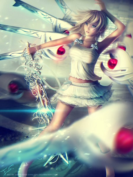 Anime picture 1200x1600 with eddy-shinjuku single tall image looking at viewer short hair blue eyes blonde hair bare shoulders realistic girl dress weapon sword