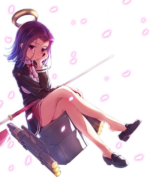 Anime picture 1200x1413 with kantai collection tatsuta light cruiser mocha (snowflake) single tall image looking at viewer blush short hair breasts simple background smile large breasts white background purple hair bent knee (knees) head tilt pleated skirt sunlight bare legs shadow