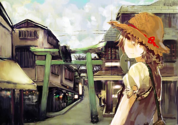 Anime picture 1500x1061 with original so-bin brown hair brown eyes city street girl hat building (buildings) straw hat torii