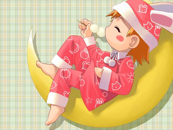 Anime picture 1024x768 with barefoot orange hair bunny ears eating pajamas