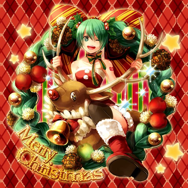 Anime picture 1000x1000 with vocaloid hatsune miku fumi (butakotai) single open mouth twintails green eyes very long hair one eye closed green hair wink christmas ;d merry christmas rhombus girl thighhighs bow black thighhighs boots