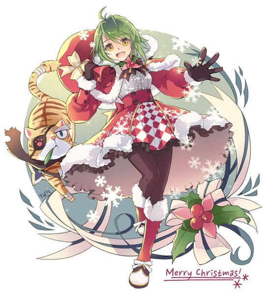 Anime picture 1400x1561 with original fei (pixiv) single tall image short hair open mouth blue eyes smile signed yellow eyes ahoge green hair inscription christmas girl skirt gloves ribbon (ribbons) animal pantyhose