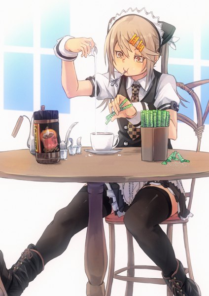 Anime picture 827x1169 with original usami taiga fu-ta single long hair tall image fringe blonde hair hair between eyes sitting twintails holding brown eyes animal ears payot looking away bent knee (knees) cat ears short sleeves maid