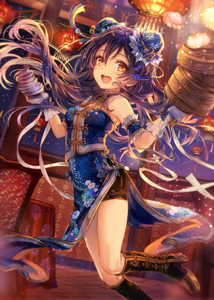 Anime picture 850x1191 with love live! school idol project sunrise (studio) love live! sonoda umi shigaraki (strobe blue) single long hair tall image looking at viewer fringe open mouth holding yellow eyes blue hair traditional clothes hair bun (hair buns) floral print jumping girl gloves