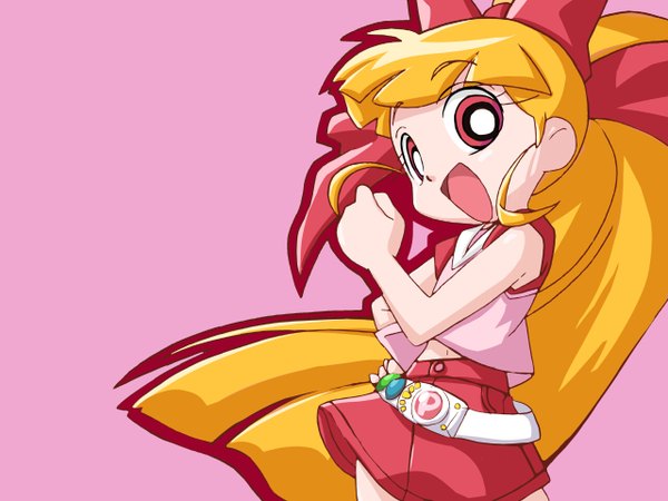 Anime picture 1280x960 with powerpuff girls z toei animation hyper blossom akazutsumi momoko single long hair looking at viewer open mouth simple background blonde hair red eyes :d third-party edit screencap redraw girl bow hair bow