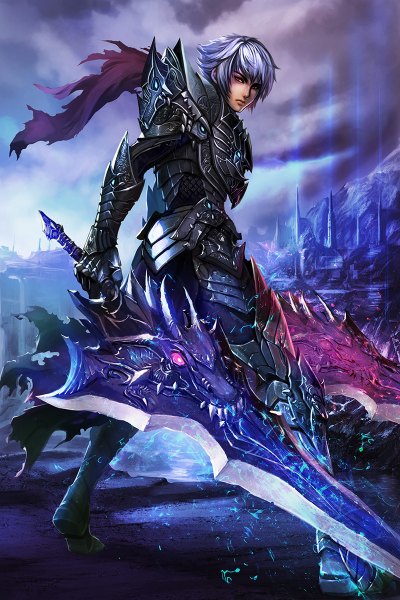 Anime picture 800x1200 with choujigen game neptune original chaosringen single tall image short hair red eyes standing cloud (clouds) white hair looking back realistic glowing angry lightning glowing weapon boy gloves weapon sword