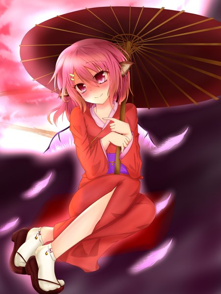 Anime picture 3000x4000 with touhou mystia lorelei kagamiya (artist) single long hair tall image blush highres smile animal ears red hair japanese clothes pink eyes red moon girl hair ornament wings socks kimono hairclip