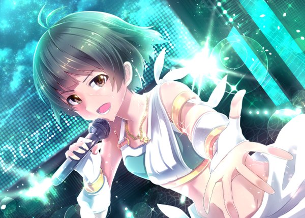 Anime picture 1225x876 with idolmaster kikuchi makoto ima (lm ew) single looking at viewer short hair open mouth black hair bare shoulders brown eyes lens flare girl pendant microphone
