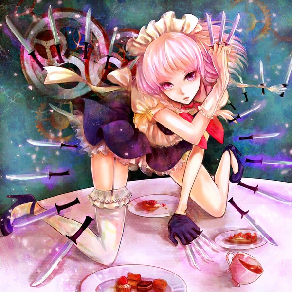 Anime picture 1000x1000 with touhou izayoi sakuya tagme (artist) single looking at viewer short hair purple eyes purple hair lips maid girl thighhighs gloves weapon white thighhighs food headdress sweets maid headdress knife
