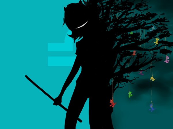 Anime picture 1707x1280 with homestuck terezi pyrope miata-4 single highres short hair smile horn (horns) grin silhouette evil grin girl plant (plants) tree (trees) toy