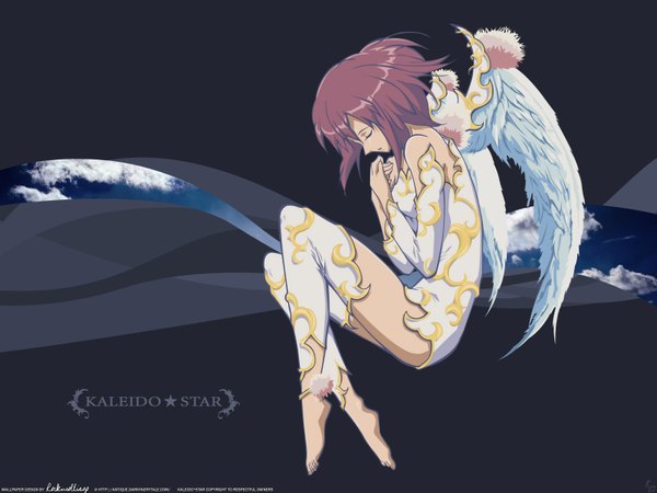 Anime picture 1600x1200 with kaleido star gonzo naegino sora single short hair bare shoulders signed pink hair eyes closed profile barefoot inscription hands clasped embryo's pose girl detached sleeves wings