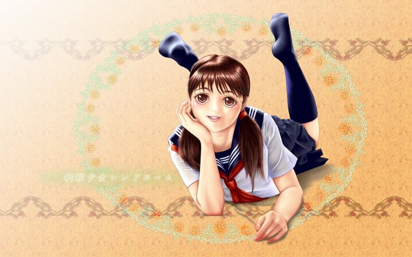 Anime picture 1920x1200 with original comma single long hair highres brown hair wide image brown eyes girl socks serafuku black socks