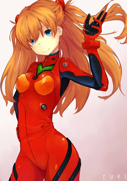 Anime picture 2480x3507 with neon genesis evangelion gainax soryu asuka langley yuki-02 single long hair tall image looking at viewer highres blue eyes simple background smile signed orange hair grey background hand on hip girl pilot suit
