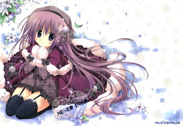 Anime picture 4061x2800 with korie riko single long hair looking at viewer blush highres sitting purple eyes absurdres purple hair from above scan snowing winter snow girl thighhighs dress flower (flowers) black thighhighs