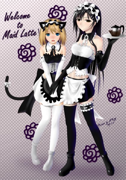 Anime picture 1680x2400 with okingjo long hair tall image short hair open mouth blue eyes black hair blonde hair bare shoulders multiple girls animal ears animal tail black eyes cat ears maid checkered girl thighhighs gloves 2 girls
