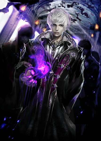 Anime picture 808x1129 with original jname tall image looking at viewer short hair silver hair multiple boys grey eyes magic boy animal hood bat 4 boys torch