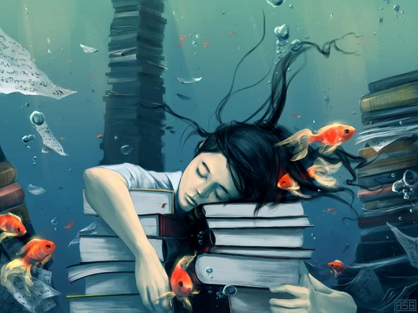 Anime picture 1120x840 with original aquasixio (artist) black hair realistic underwater sleeping surreal dreaming girl book (books) fish (fishes)