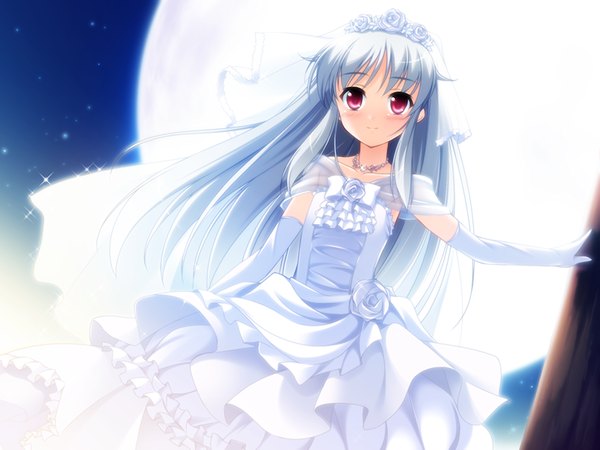 Anime picture 1200x900 with lovekami tsukuyomi usagi yashima takahiro long hair red eyes game cg silver hair girl dress moon wedding dress