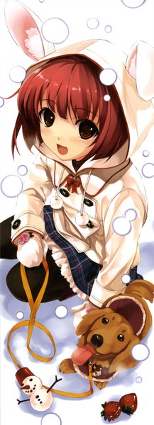 Anime picture 1183x3264 with original misaki kurehito tall image looking at viewer blush fringe short hair open mouth sitting holding brown eyes animal ears bent knee (knees) red hair from above black eyes bunny ears snowing winter snow