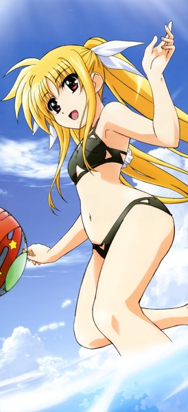 Anime picture 4079x8928 with mahou shoujo lyrical nanoha nyantype fate testarossa single long hair tall image highres open mouth blonde hair red eyes twintails absurdres cloud (clouds) official art girl navel swimsuit beachball