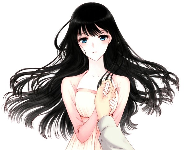 Anime picture 2600x2100 with mahouka koukou no rettousei shiba miyuki sbs long hair looking at viewer blush fringe highres breasts blue eyes black hair simple background large breasts white background upper body long sleeves parted lips light smile floating hair outstretched arm