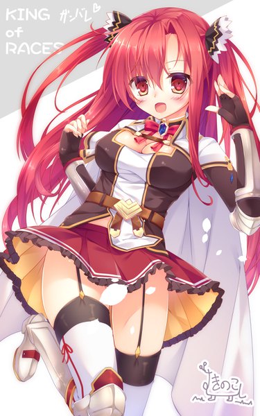 Anime picture 1875x3000 with kinokomushi single long hair tall image looking at viewer blush fringe highres breasts open mouth light erotic smile hair between eyes red eyes standing twintails bent knee (knees) red hair pleated skirt inscription