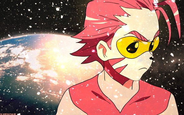 Anime picture 1440x900 with tengen toppa gurren lagann gainax boota wide image red hair sunglasses planet