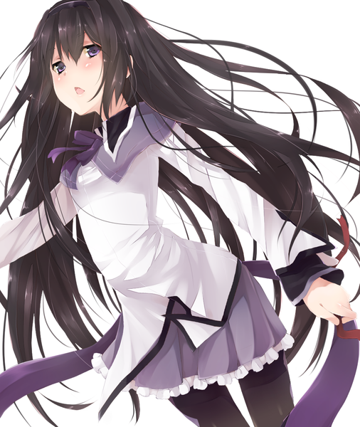 Anime picture 1000x1186 with mahou shoujo madoka magica shaft (studio) akemi homura xayux single long hair tall image looking at viewer blush open mouth black hair simple background white background purple eyes magical girl girl skirt ribbon (ribbons) pantyhose frills