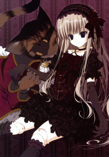 Anime picture 2446x3500 with inugami kira single long hair tall image highres blonde hair black eyes scan doll joints girl thighhighs dress gloves black thighhighs elbow gloves cat doll (dolls) lolita hairband